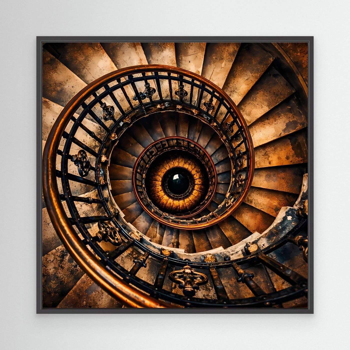 Leinwandbild historisches Wendeltreppenmotiv mit schwarzem Rahmen, gold-braun und schwarz