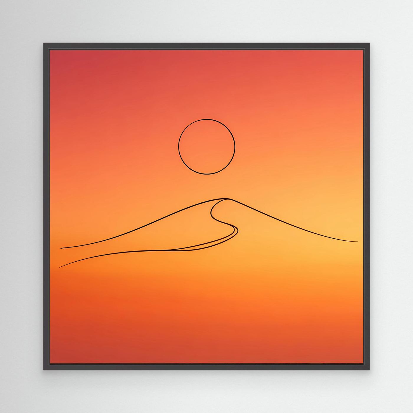 Leinwandbild mit minimalistischer Wüstendüne: Kreis-Sonne und Linien, im schwarzen Rahmen