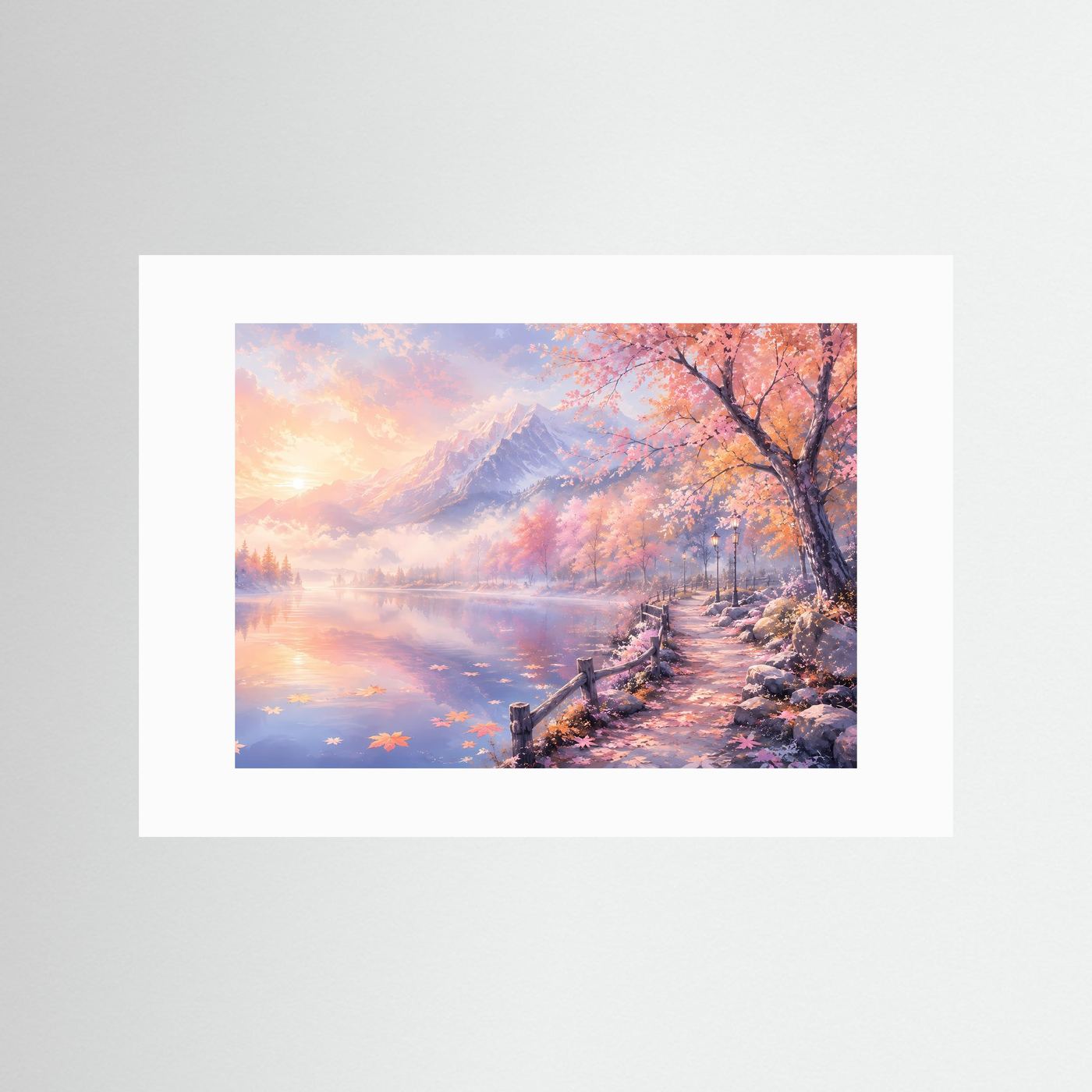 Pastell Alpen am Spiegelsee | Romantisches Berglandschaft Panorama Poster Querformat in Rosa & Gold