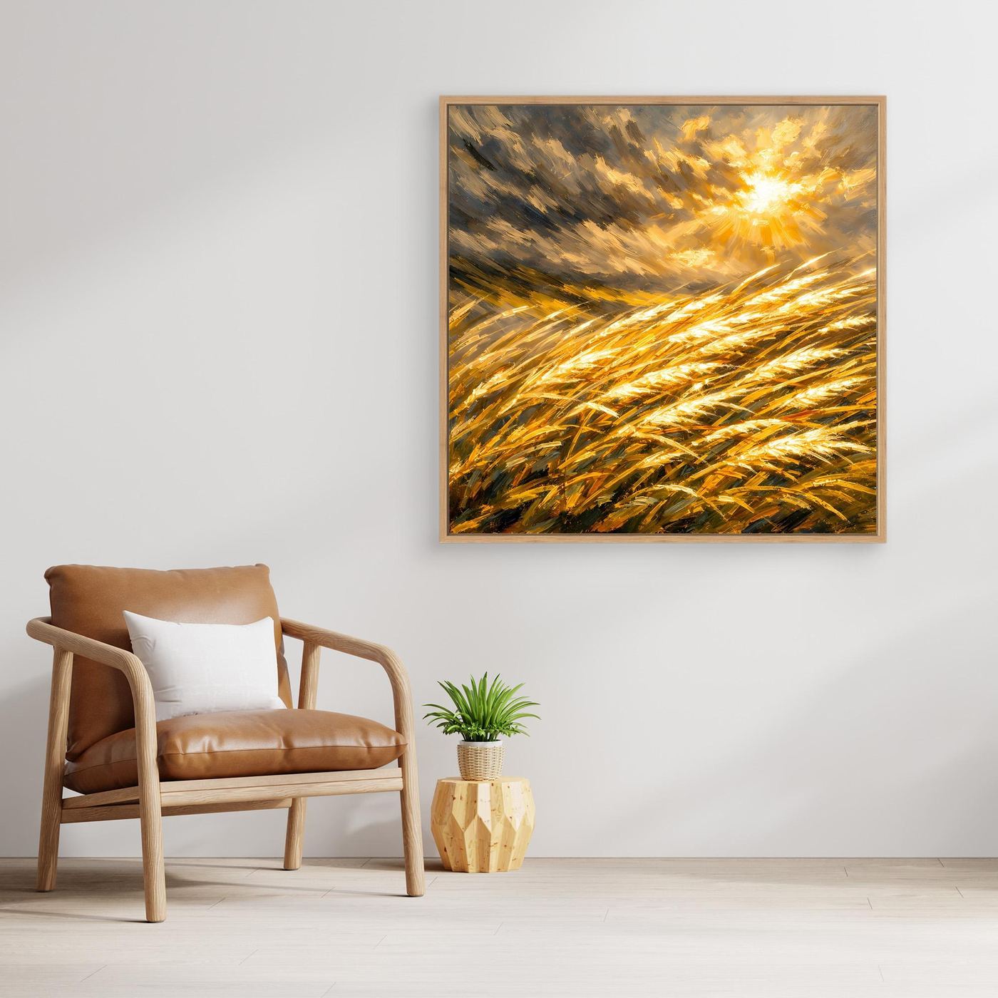 Leinwandbild mit goldenem Weizenfeld, leuchtender Sonne und abstraktem Sonnenuntergang im Holzrahmen