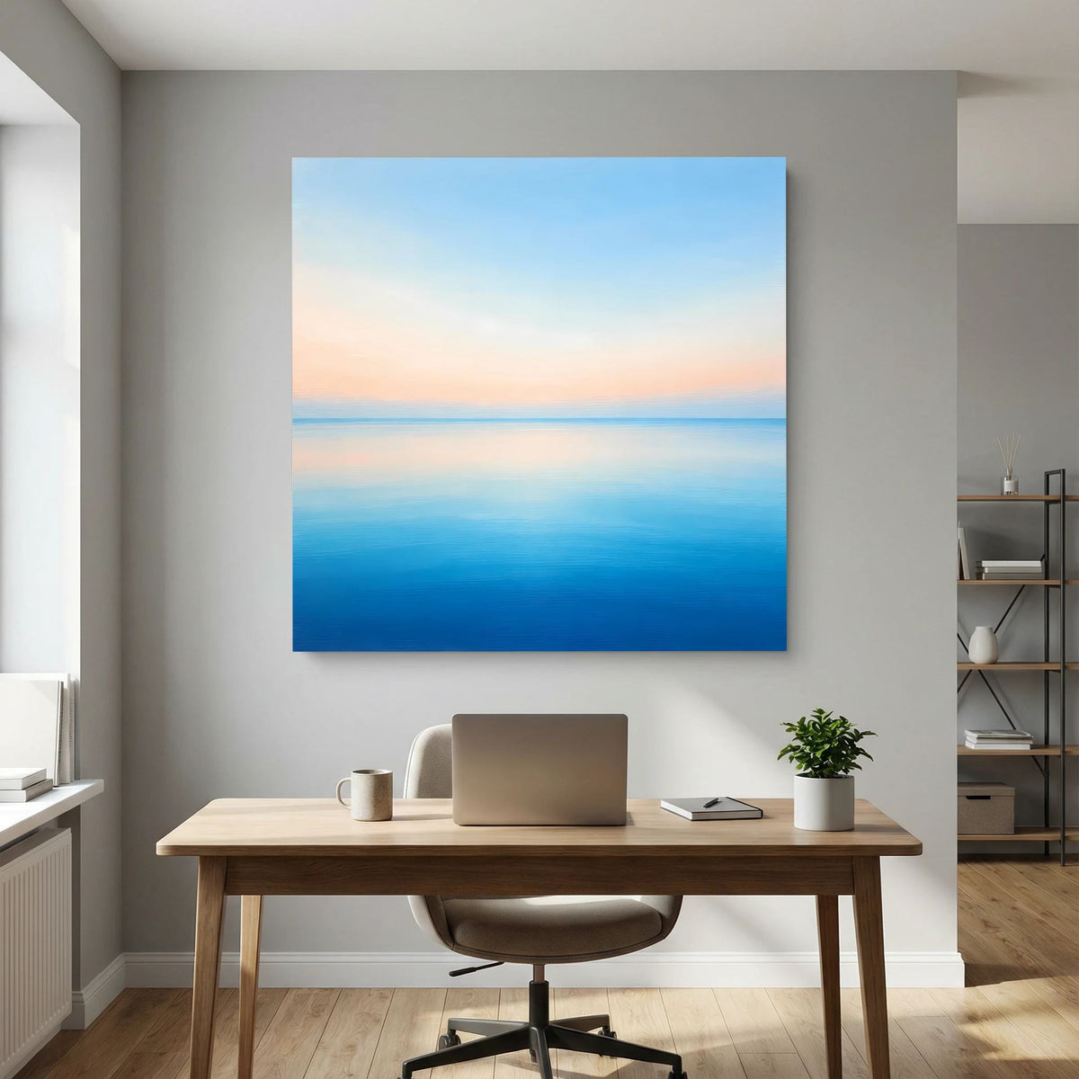 Quadratisches Leinwandbild Meerblick im Pastelllicht, Himmel hellblau und Apricot