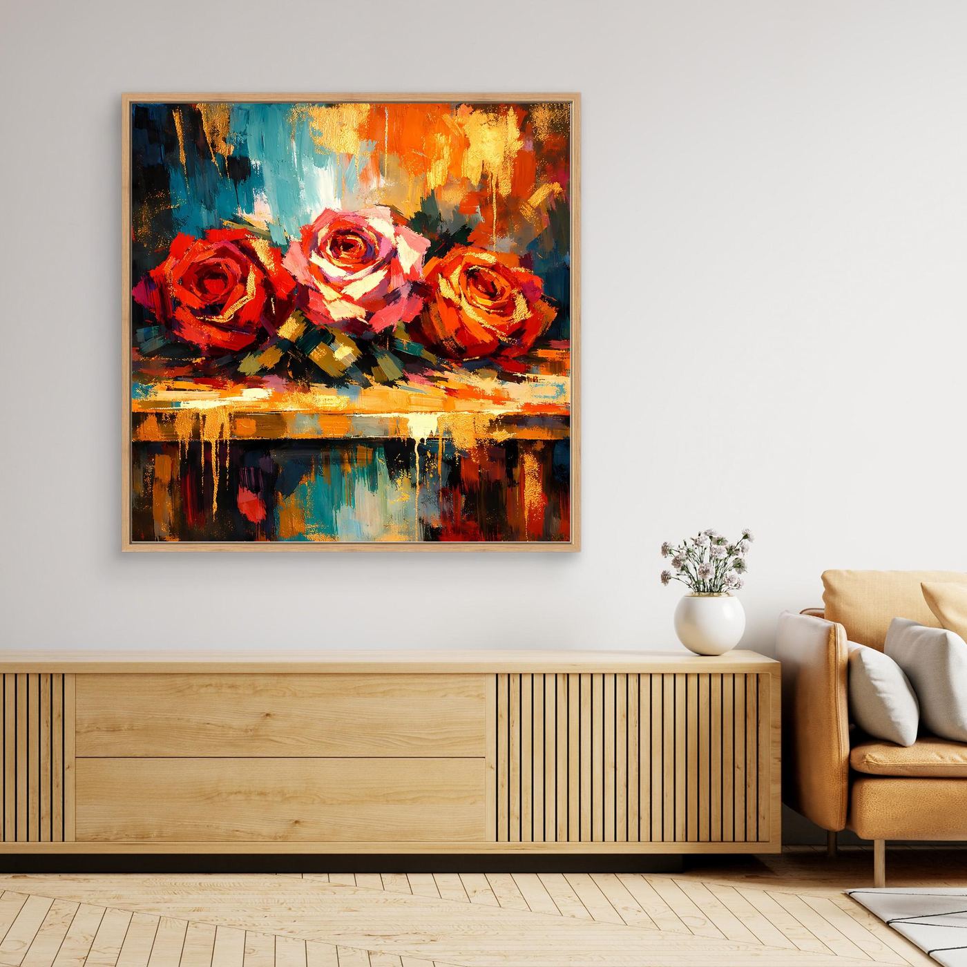 Quadratisches Leinwandbild mit abstrakten Rosen, Holzrahmen, orange-rote Rosen und blaues Farbspiel