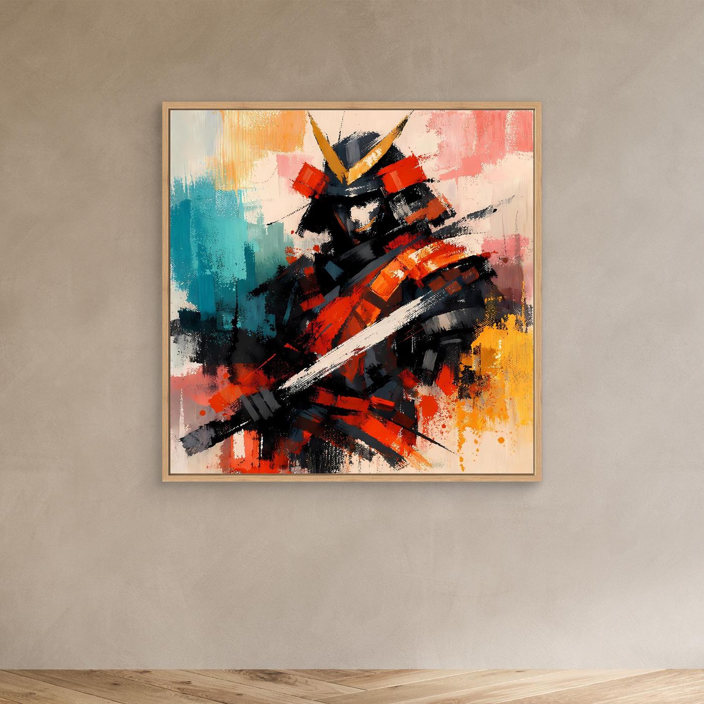Leinwandbild im Eichenrahmen: abstrakter Samurai-Krieger mit schwarzem Helm und orangefarbenen Akzenten