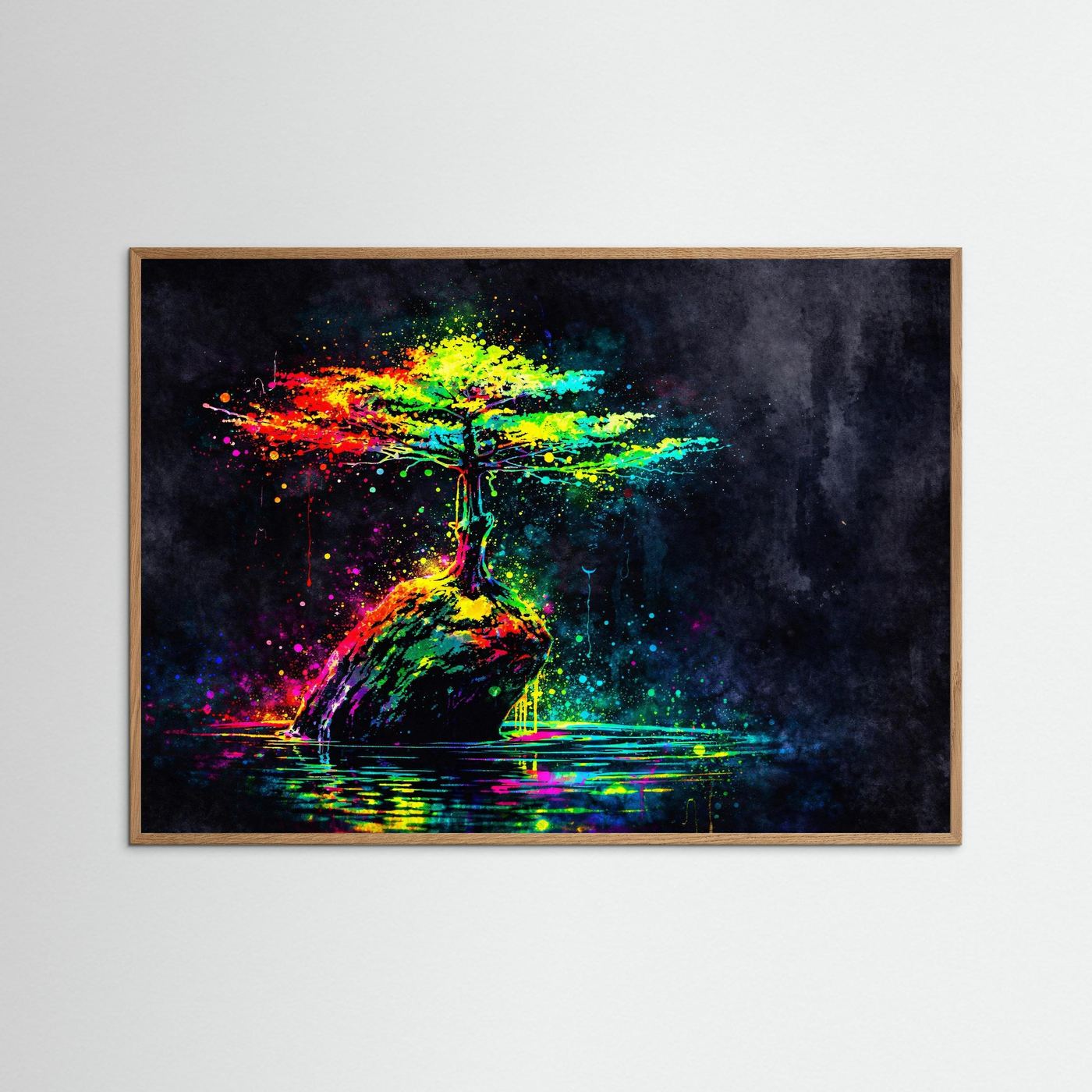 Neon-Wandbild mit abstraktem Lebensbaum auf dunklem Hintergrund, hellbraun gerahmt