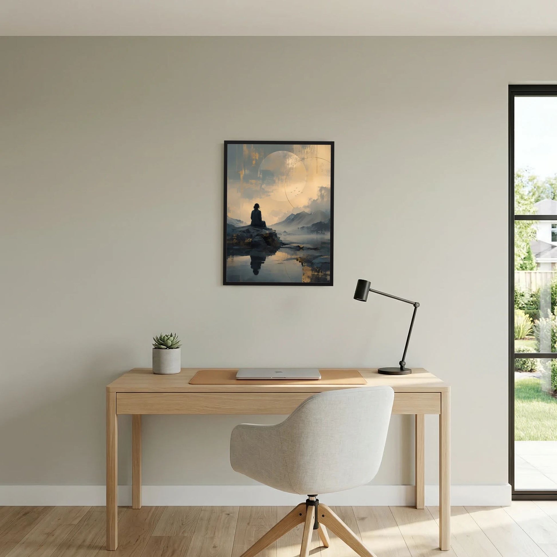 Poster hochkant mit meditierender Silhouette, Mond im Himmel und Spiegelung im Wasser