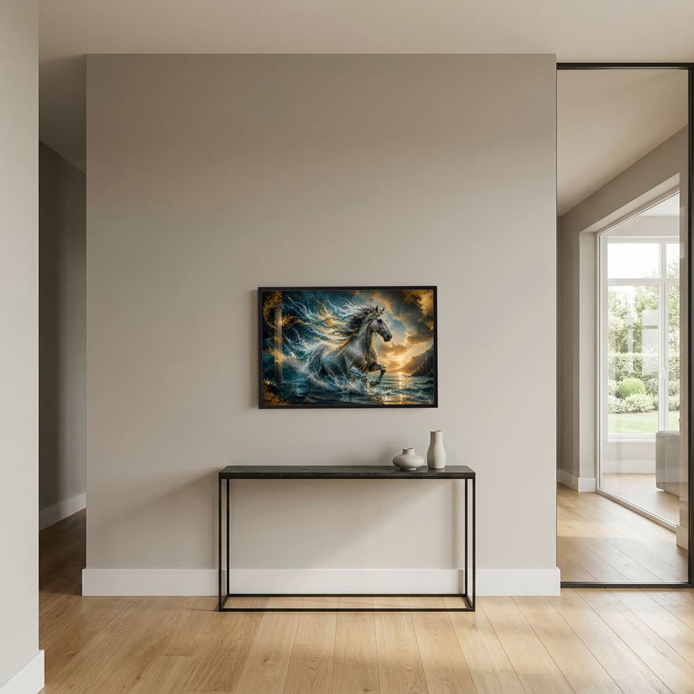 Gerahmtes Querformat-Poster mit Pferd im Meer, Wellen und goldenen Akzenten an der Wand