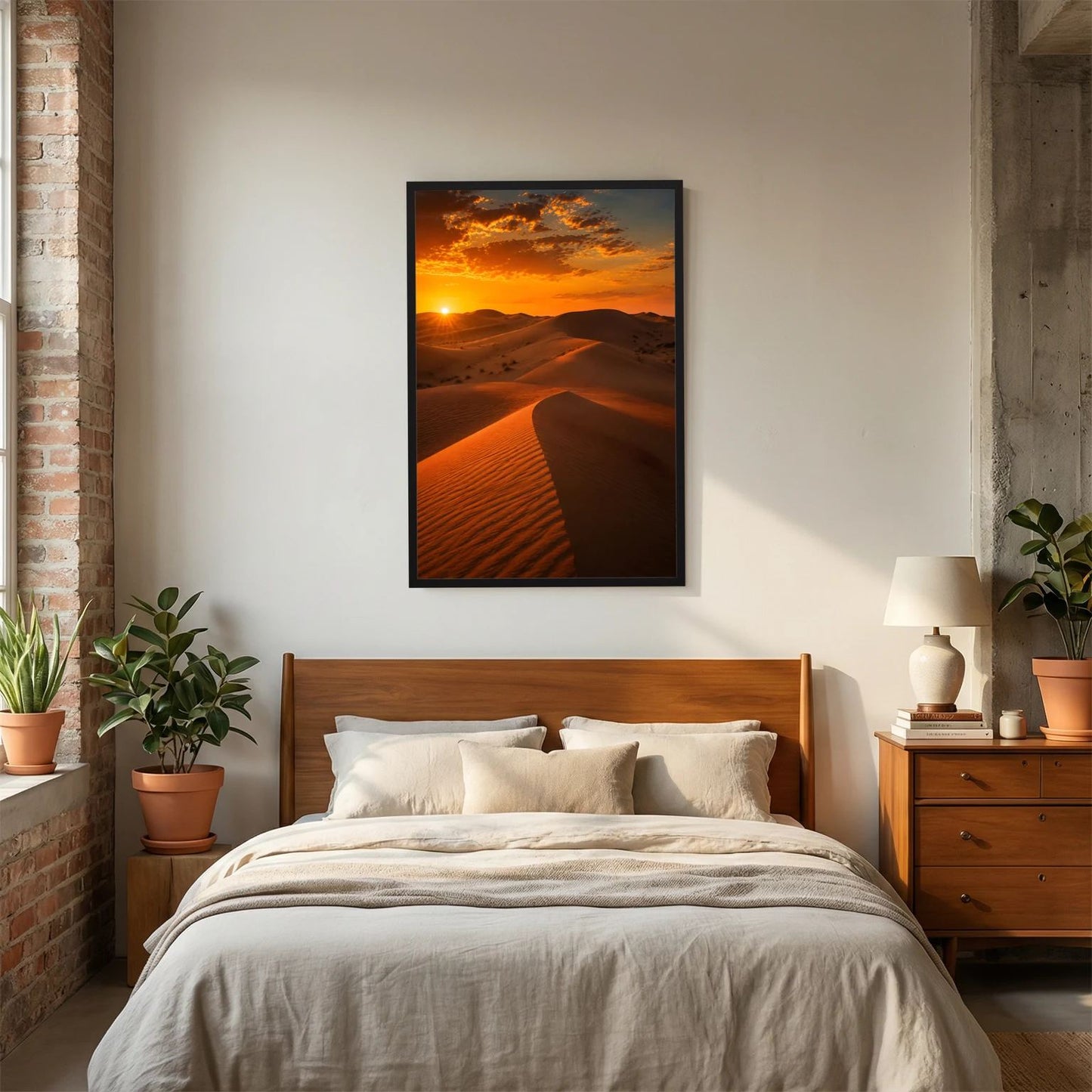 Poster mit Sanddünen bei Sonnenuntergang im schwarzen Rahmen über Bett.