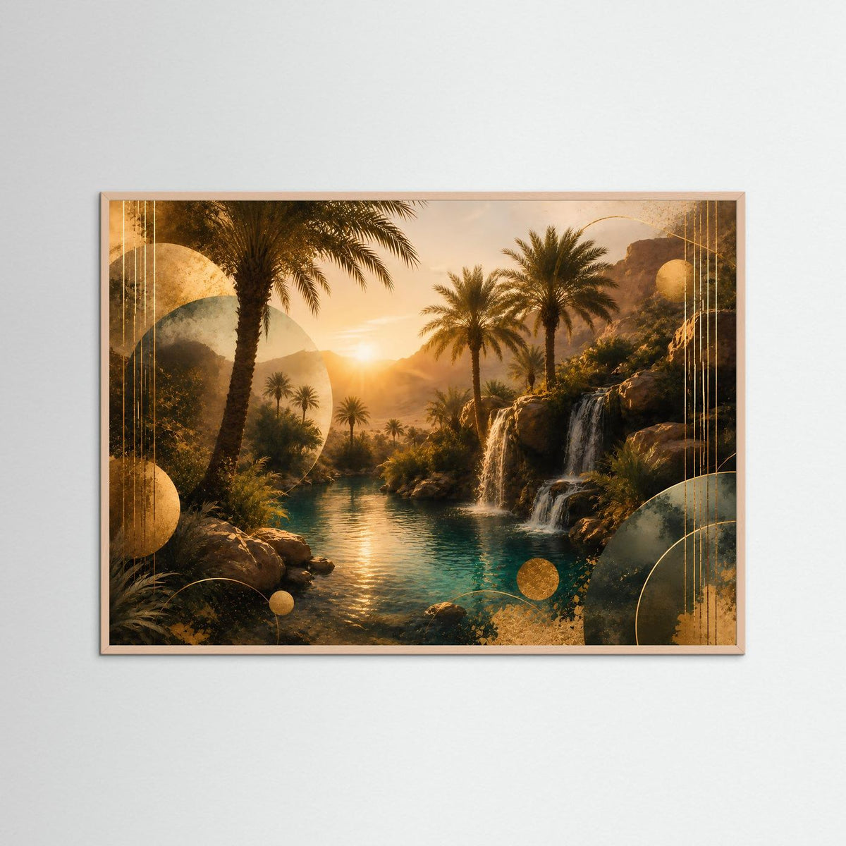 Horizontales Poster mit Palmen und Wasserfall, türkisfarbener Fluss, Holzrahmen roséfarben
