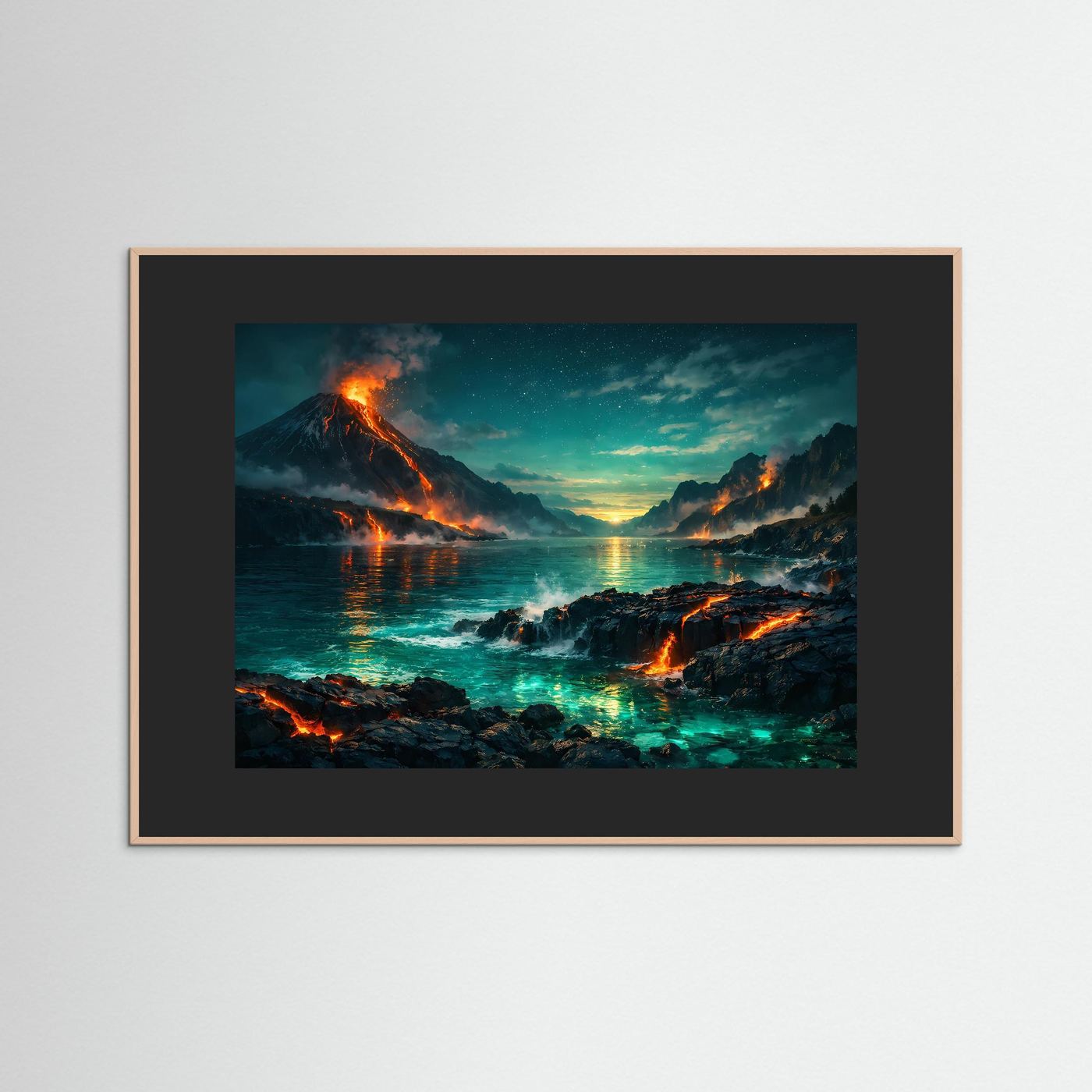 Vulkanlandschaft-Wandbild mit dunkelbraunem Holzrahmen