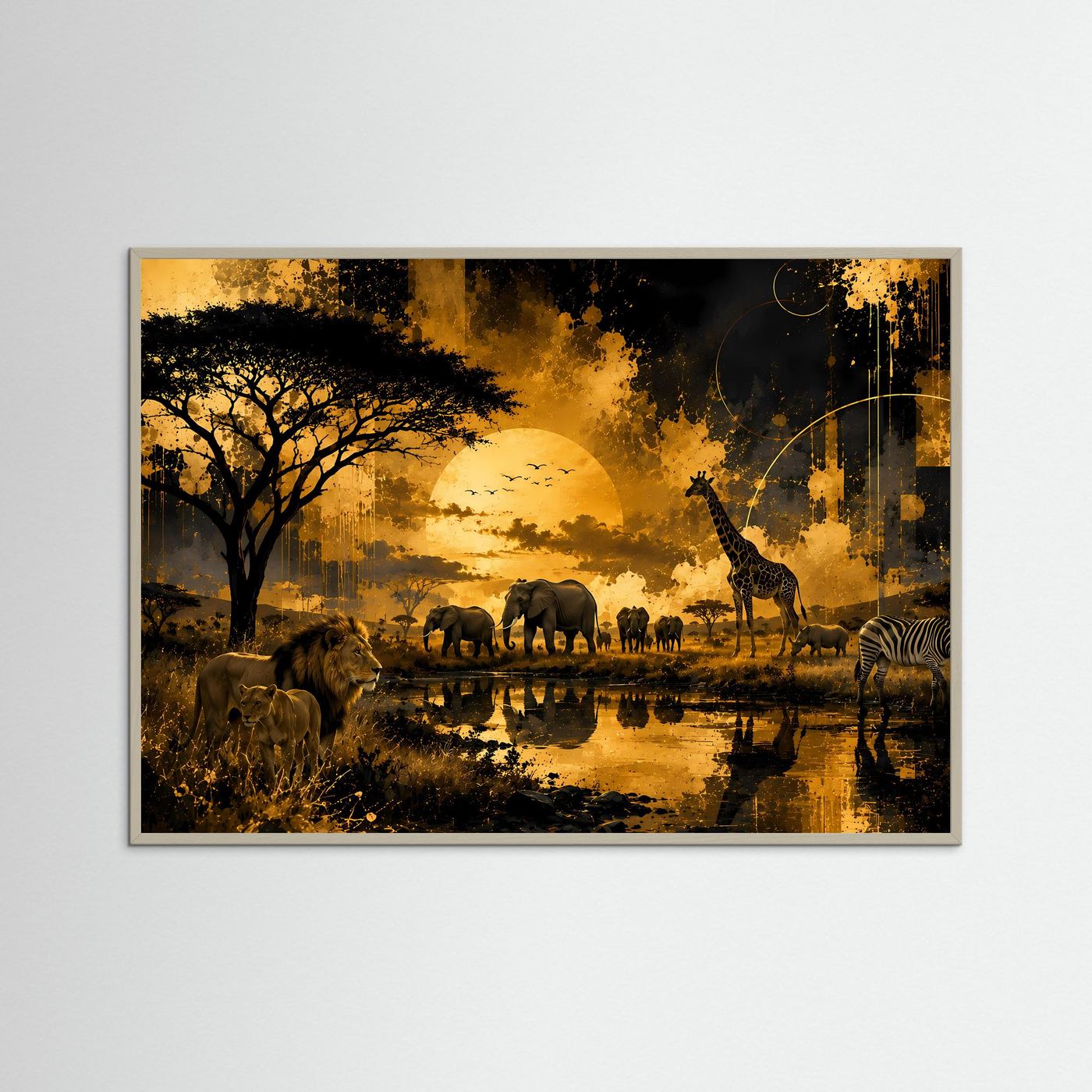 Savannenposter mit Elefanten, Löwe, Giraffe und Zebra in Schwarz-Gold im Holzrahmen
