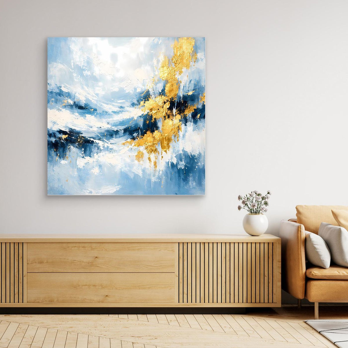Abstraktes Leinwand-Wandbild mit Meerlandschaft in Türkis und goldfarbenen Akzenten, dunkler Rahmen