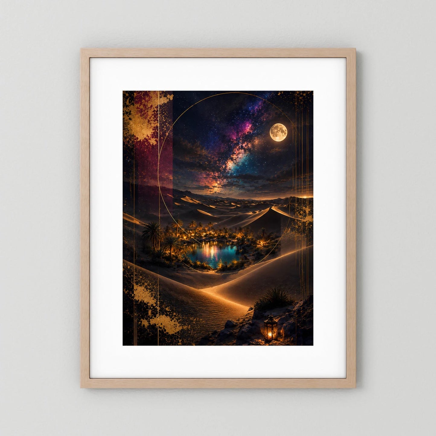 Hochformat-Poster mit hellem Holzrahmen und weißem Rand: Vollmond über Wüstenoase