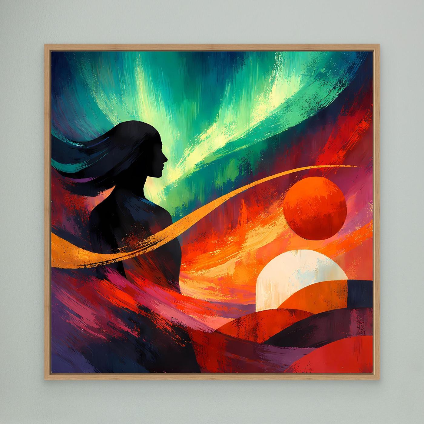 Leinwandbild mit abstraktem Polarlicht, Frauensilhouette und Farbkugeln, Eichenrahmen