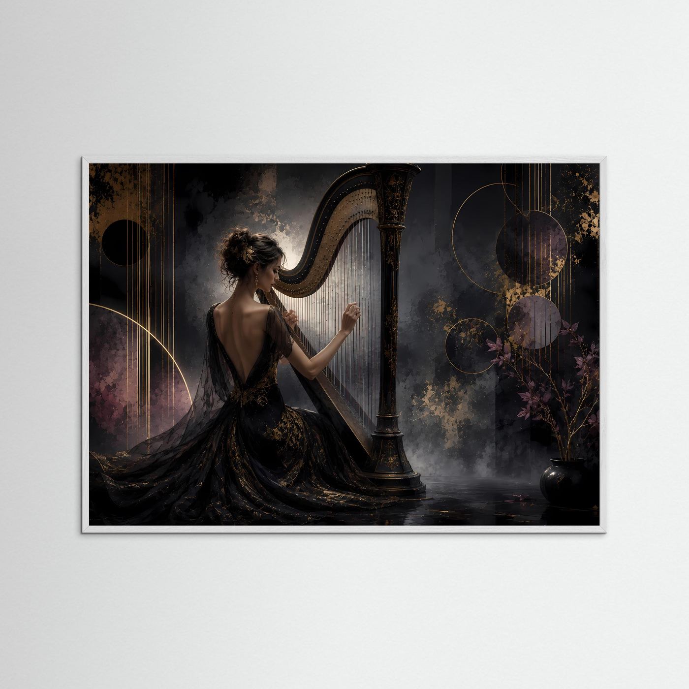 Elegante Harfenklänge in Schwarz & Gold | Klassische Musik & Luxus Poster Querformat