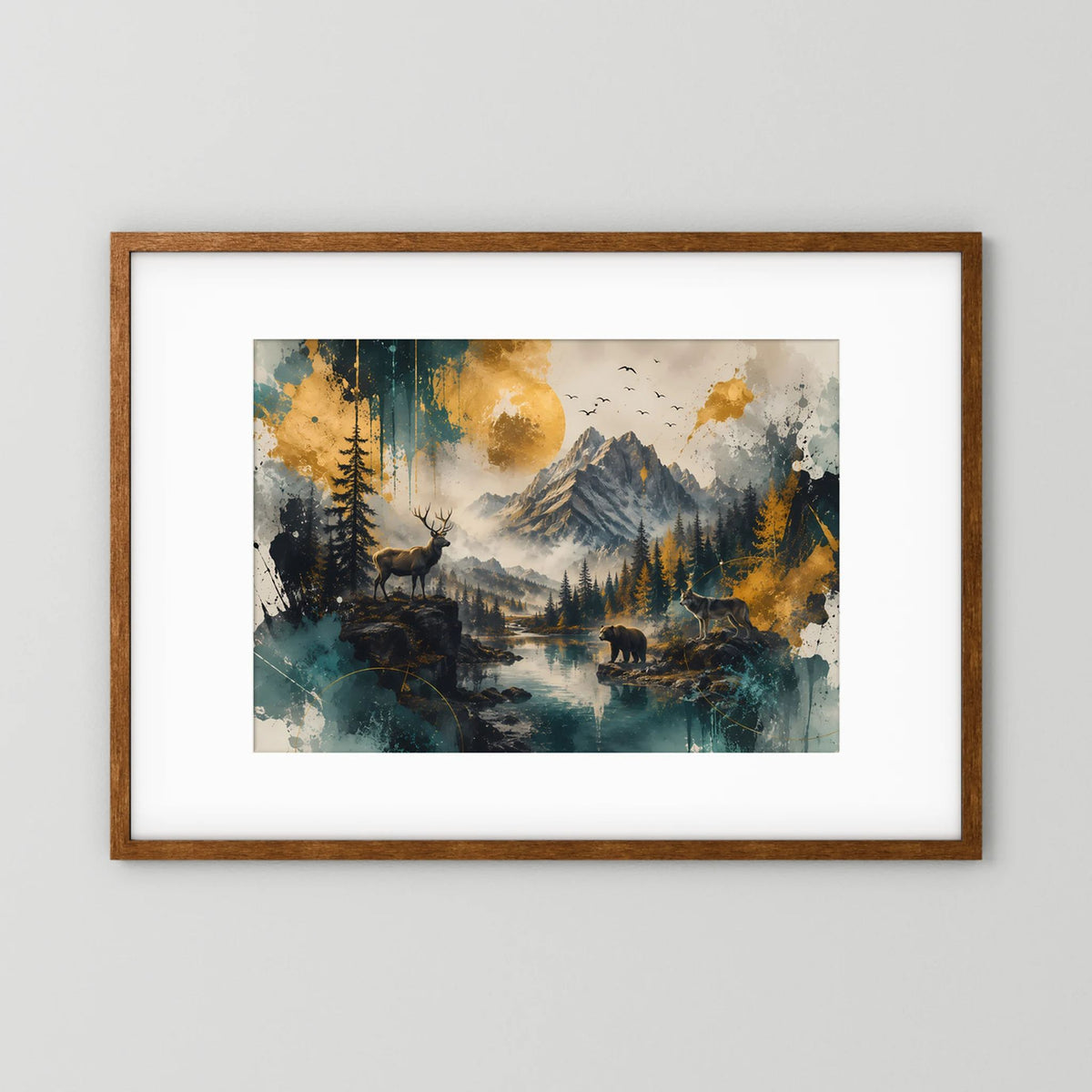Wildtiere in majestätischer Berglandschaft | Hirsch Wolf und Bär | Poster Querformat