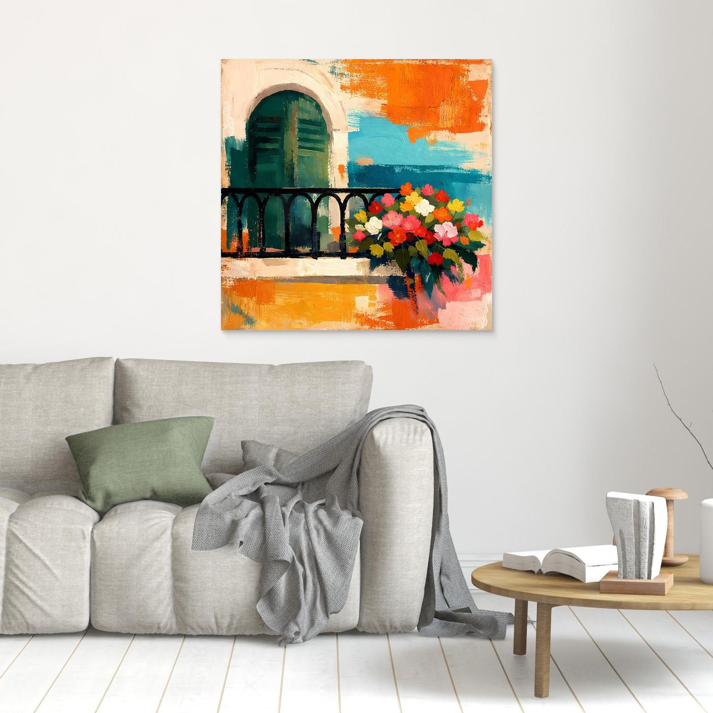 Small Mediterranean balcony wall art with arched window and colorful flower bouquet, unframed