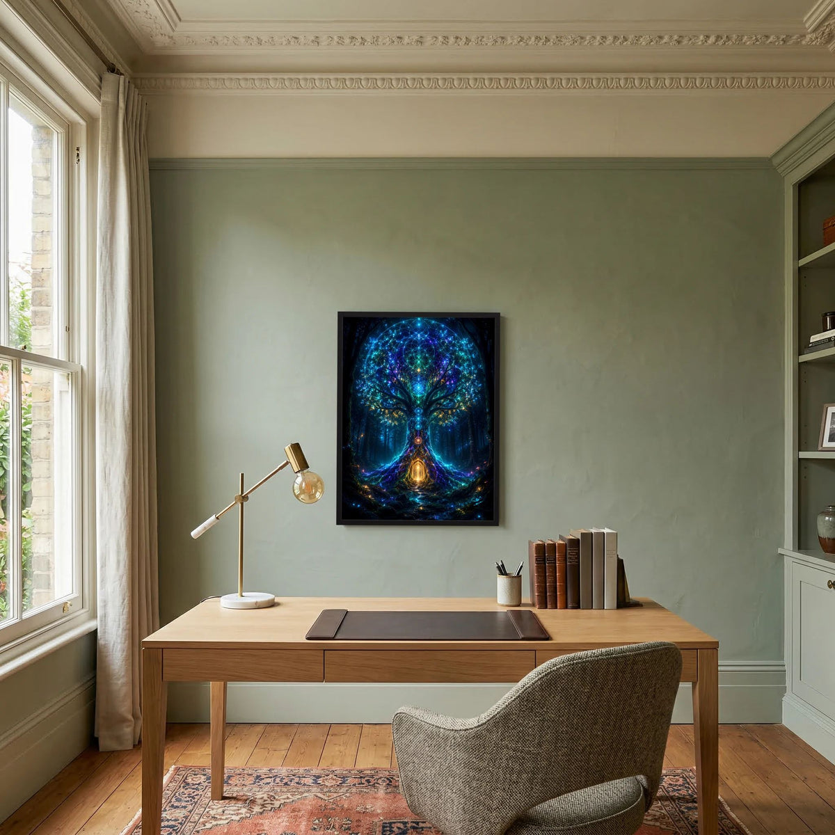 Poster mit schwarzem Rahmen: leuchtender blauer Baum im mystischen Portal, golden betont