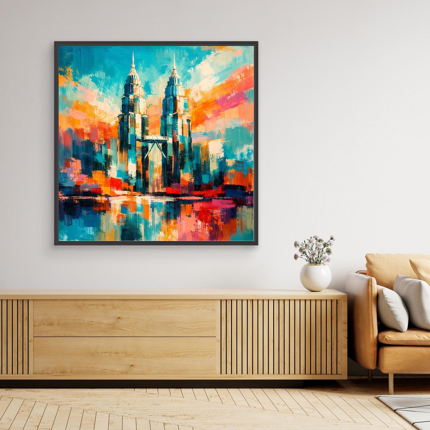Abstraktes Leinwand-Wandbild mit buntem Stadtskyline-Motiv, schwarzer Rahmen