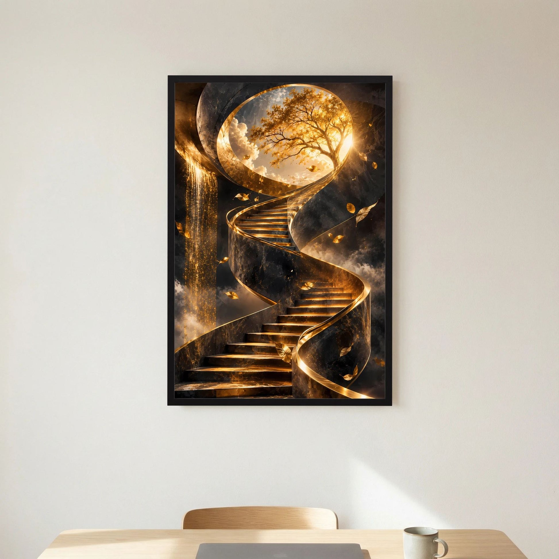 Hochformatiges Kunstposter im schwarzen Rahmen mit goldener Treppe und Baumlicht