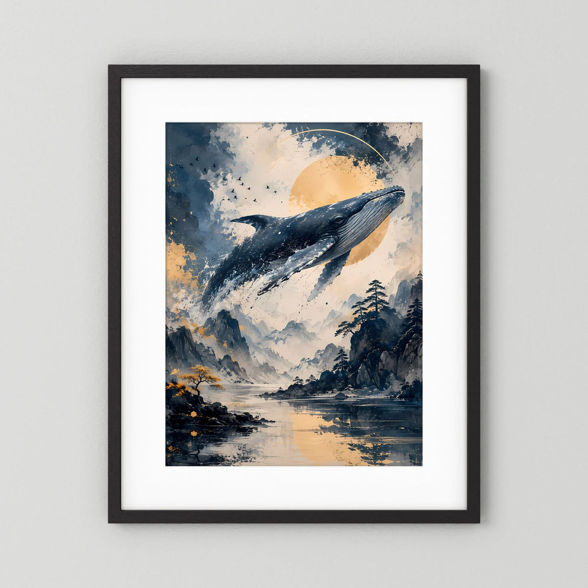 Poster im Hochformat mit Wal-Motiv in Blau und Creme im schwarzen Rahmen mit weißem Rand