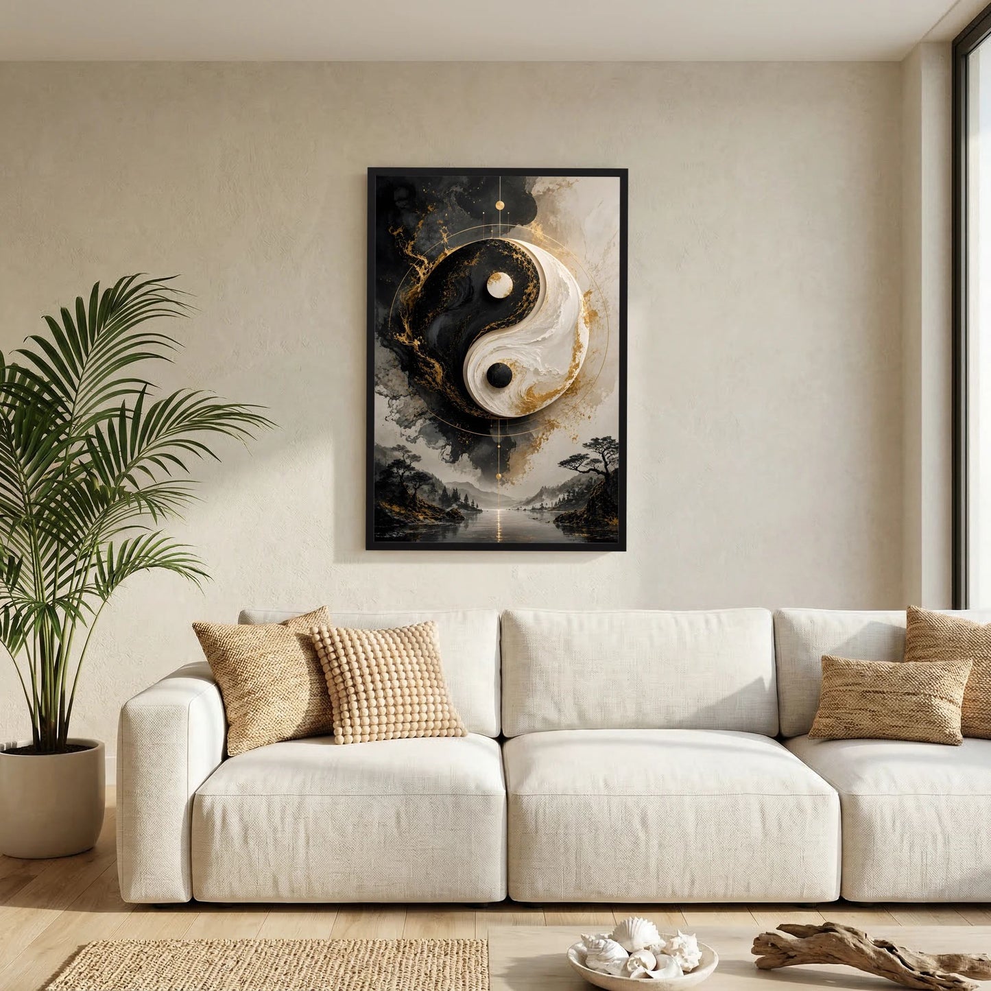 Yin-Yang-Poster im Hochformat in schwarzem Rahmen, an der Wand über dem Sofa