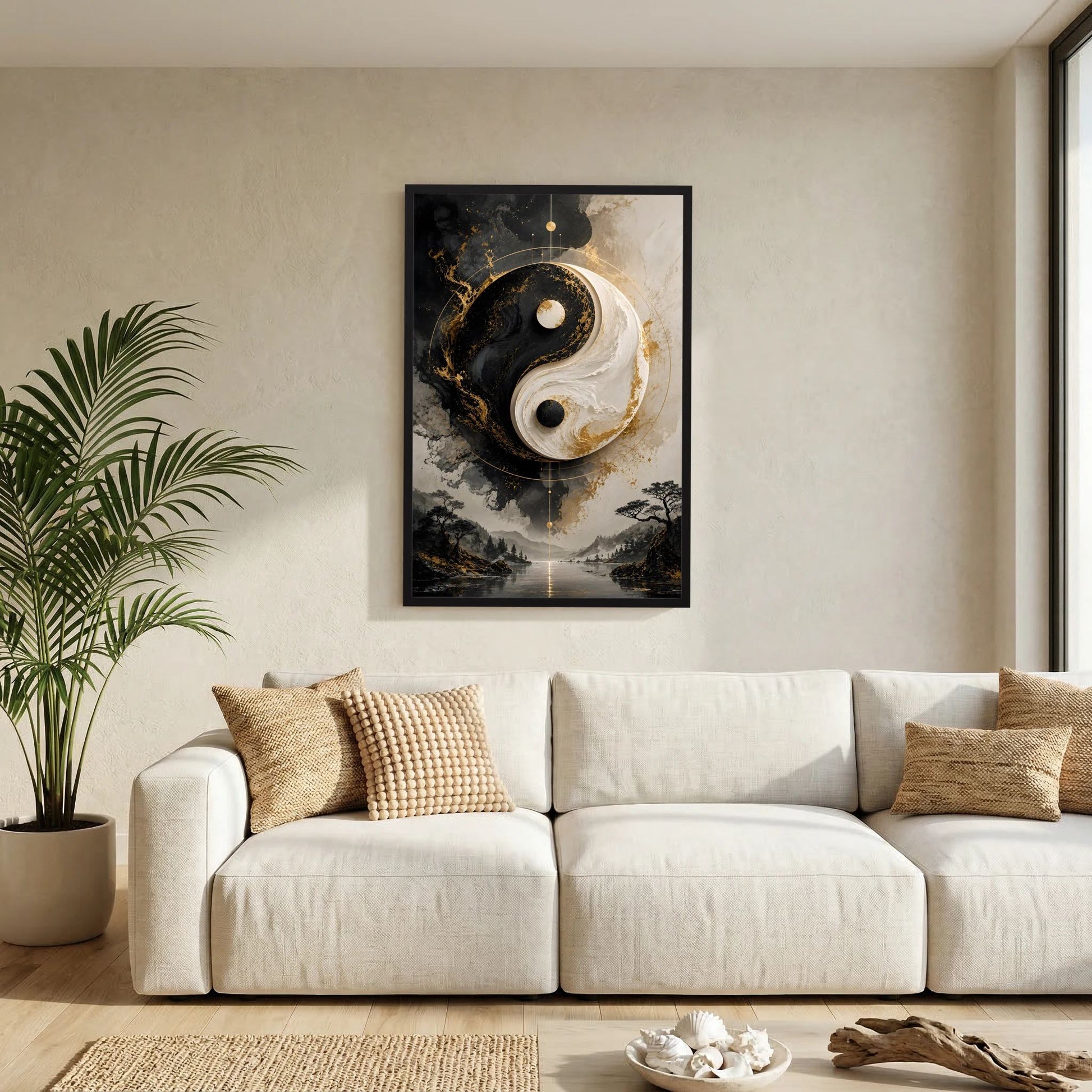 Yin-Yang-Poster im Hochformat in schwarzem Rahmen, an der Wand über dem Sofa