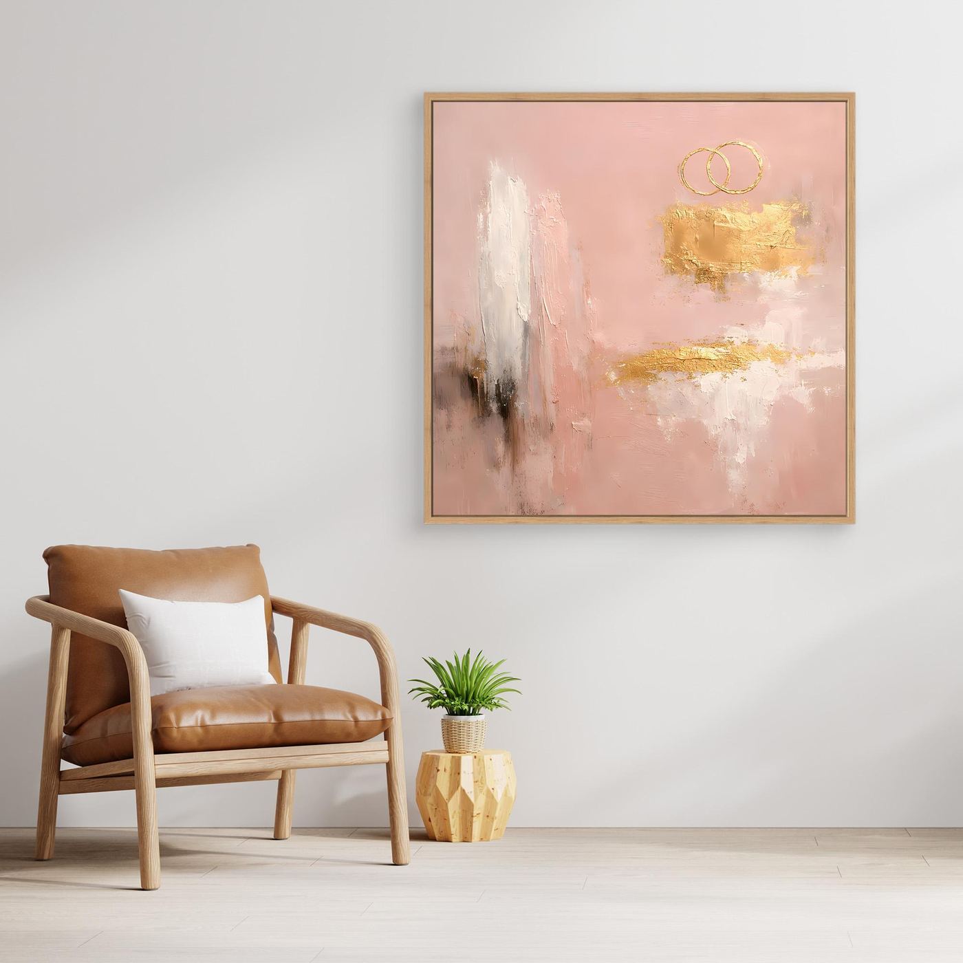 Leinwand Abstraktes Hochzeitsgemälde in Altrosa und Gold | Modernes Wandbild Eheringe