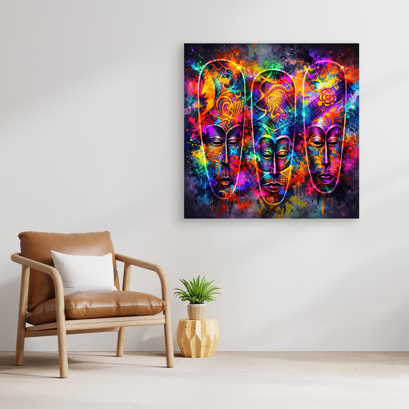 Leinwandbild mit drei abstrakten Neon-Masken in bunten Farben, schwarzer Rahmen