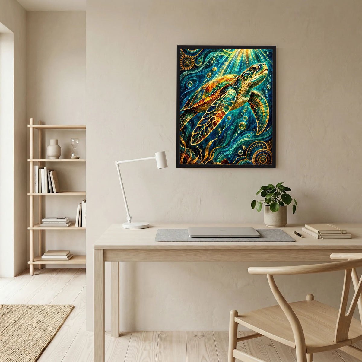 Gerahmtes Kunstposter Meeresschildkröte im Mosaik, türkis-gold, mit wellenförmigem Muster