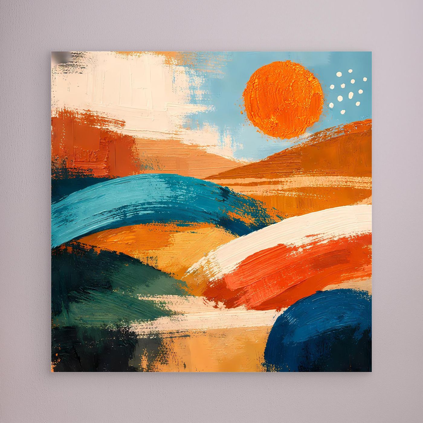 Canvas wall art, abstract orange and blue hills with orange sun circle