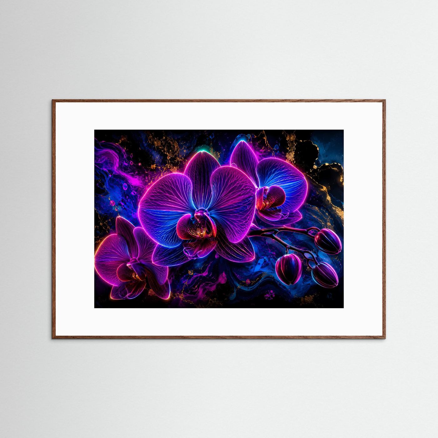 Neon Orchideen Poster | Leuchtende Orchideen in Pink Blau | Moderne Abstrakte Blumen Wandkunst mit Gold Akzenten