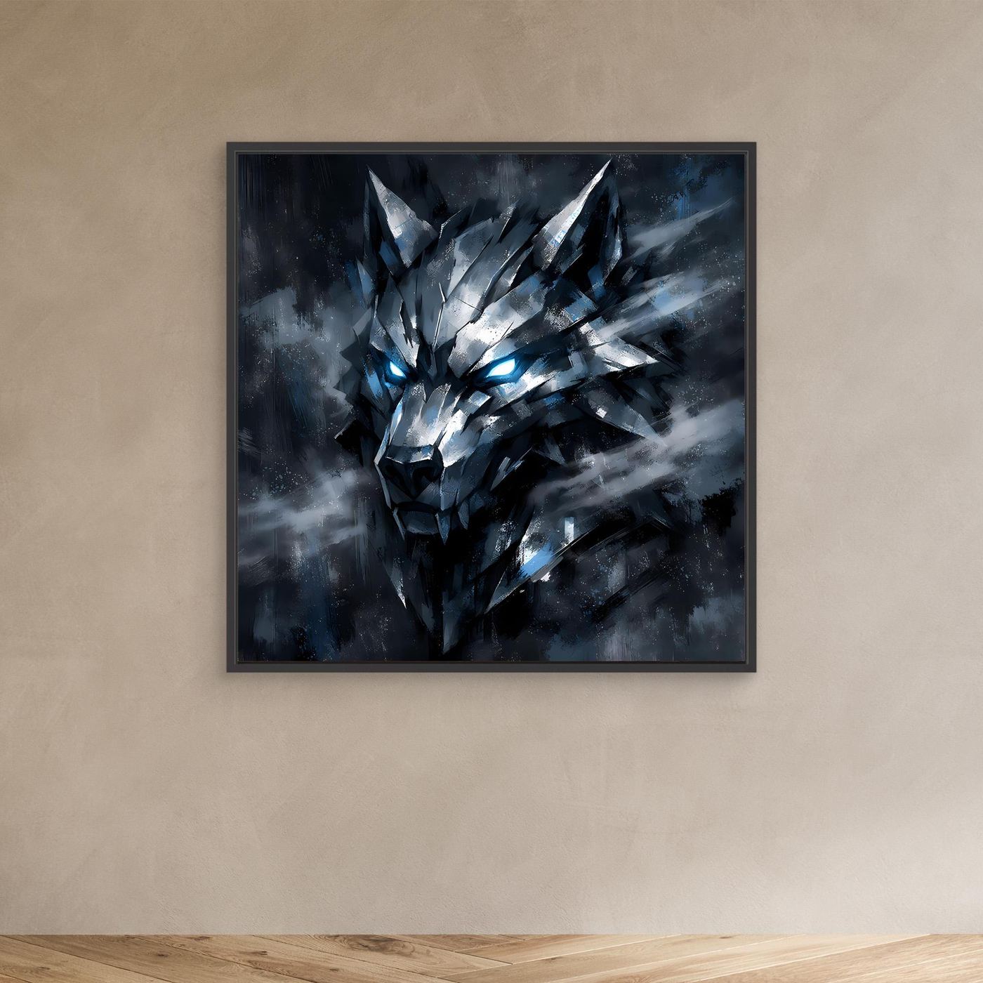 Leinwand-Wandbild mit geometrischem Wolf im schwarzen Rahmen, silberne Facetten und blau leuchtende Augen