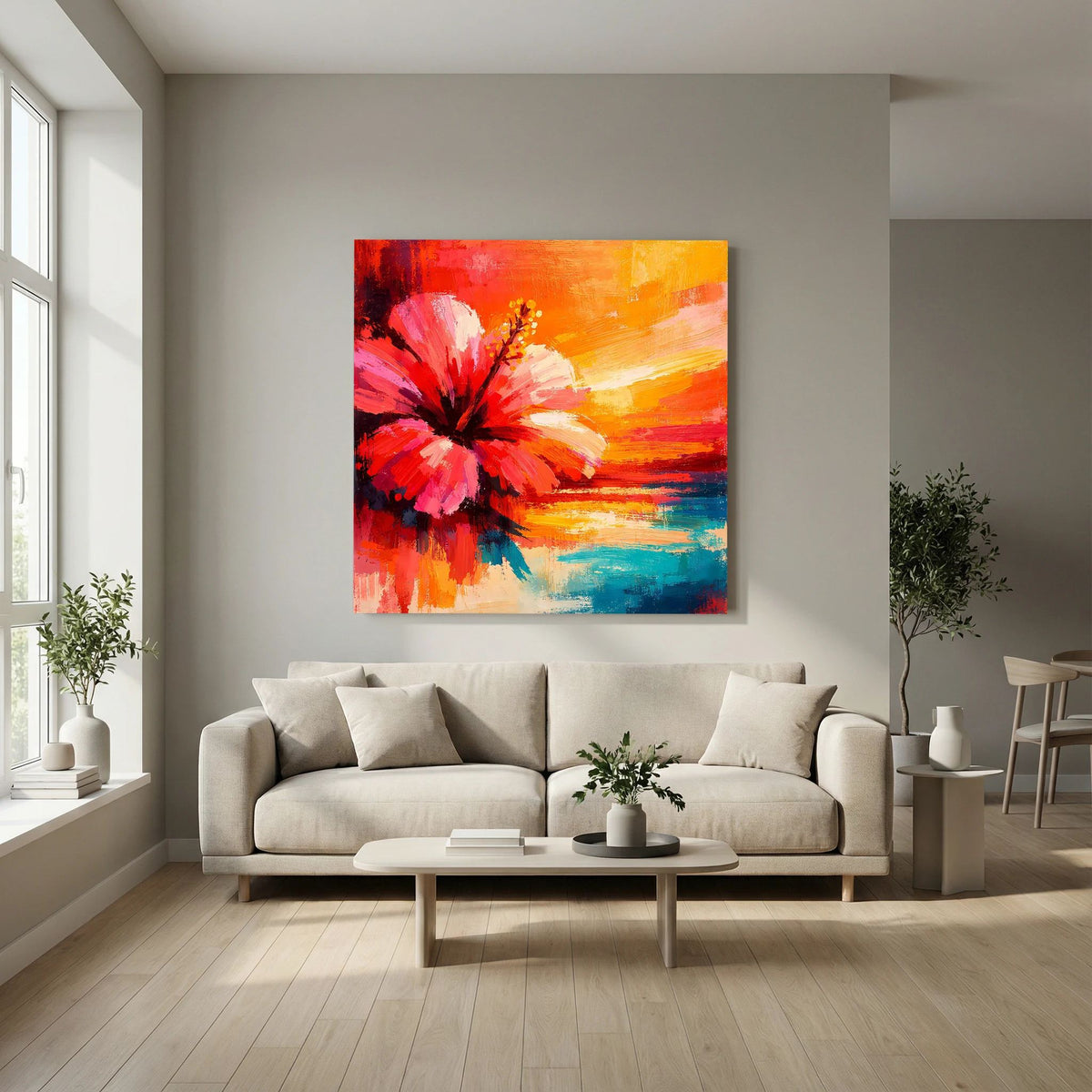 Leinwand-Wandbild mit Hibiskusblüte in Rot, Orange und Türkis