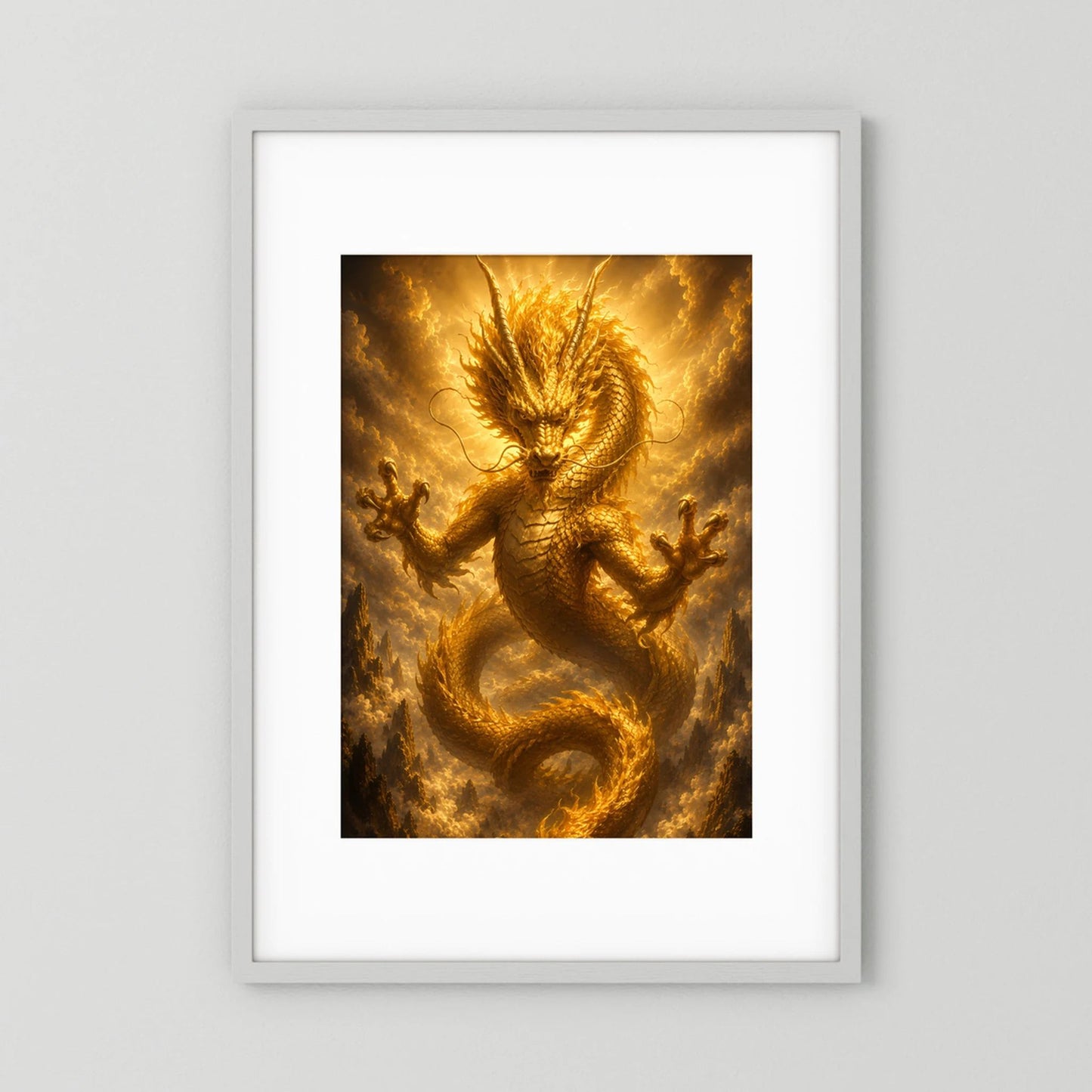 Gerahmtes Poster mit goldenem chinesischem Drachen, vertikales Motiv im Goldton
