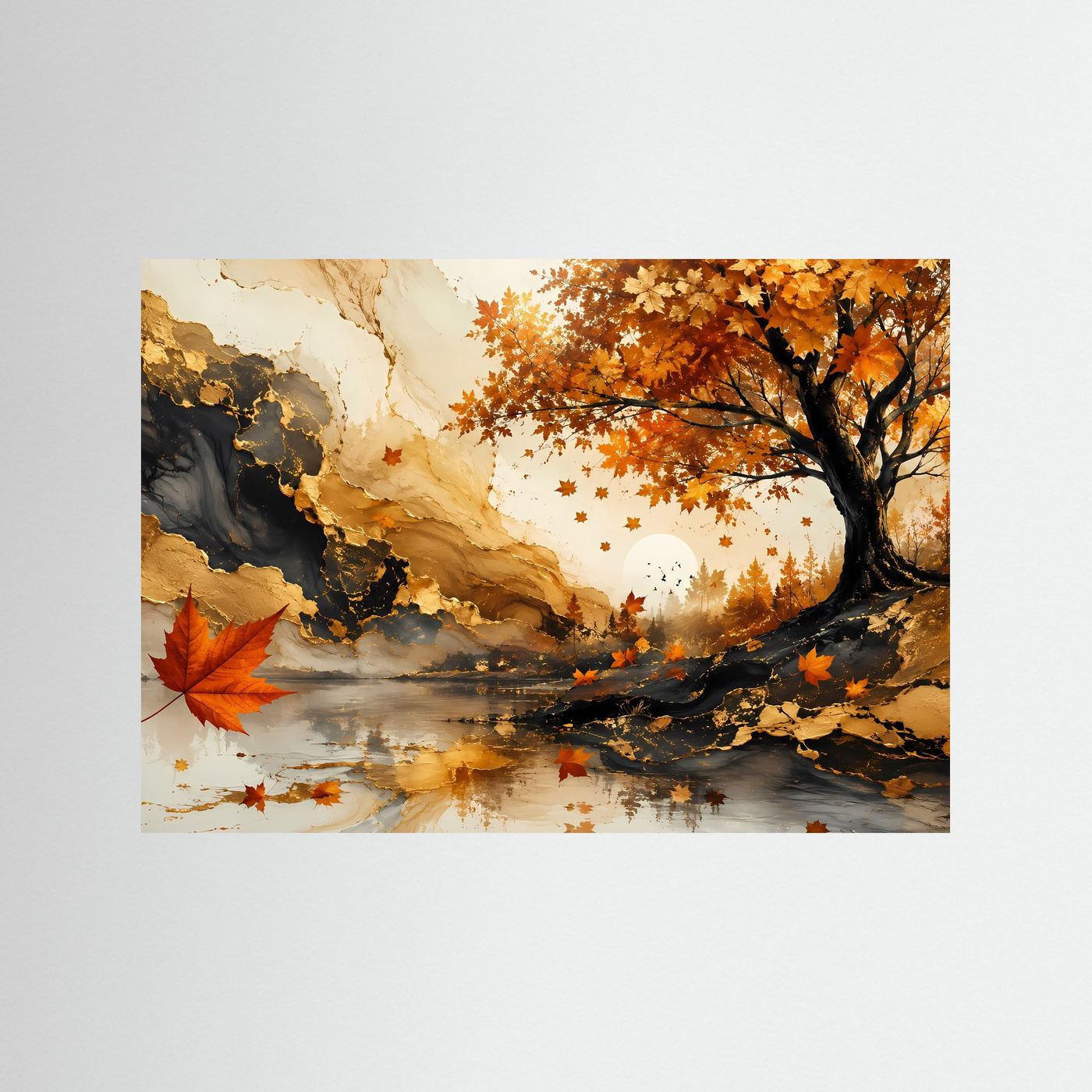 Herbstbaum Poster | Goldener Herbst Wandkunst | Abstrakte Ahorn Landschaft | Elegante Natur Wall Art | Premium Leinwandbild