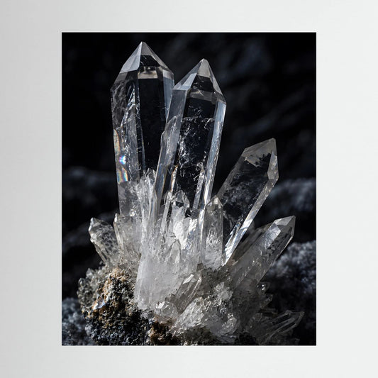 Poster mit Bergkristall-Quarz auf dunklem Gestein, hochformat