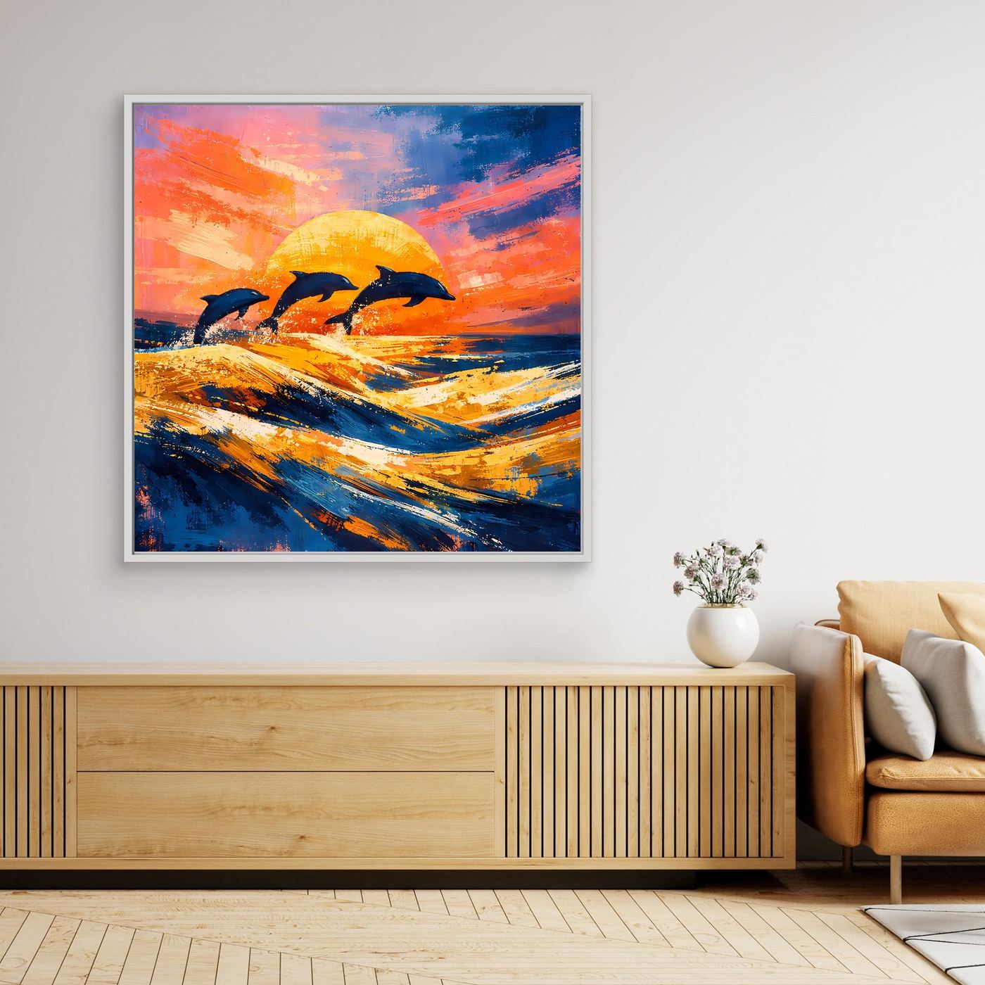 Leinwand Springende Delphine im Sonnenuntergang | Abstraktes Ozean & Meer Wandbild