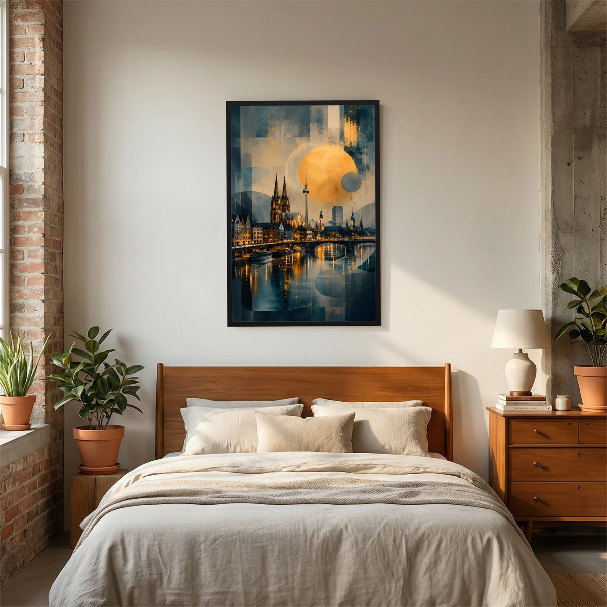 Hochformat-Poster Köln-Dom mit abstrakten Goldkreisen, schwarzer Rahmen im Schlafzimmer
