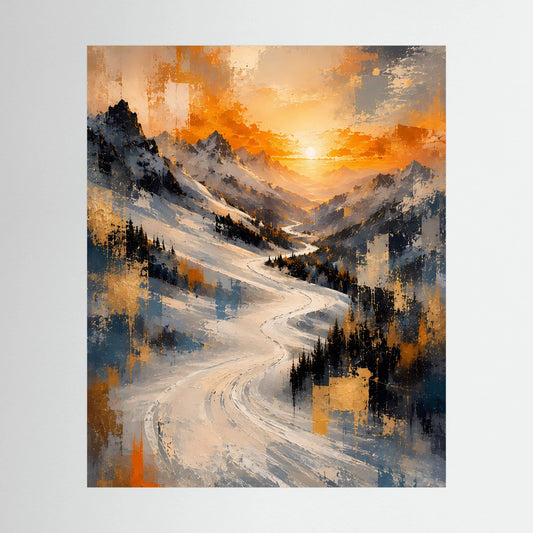 Poster (Hochformat) mit Winterlandschaft und verschneitem Tal im warmen Sonnenuntergang