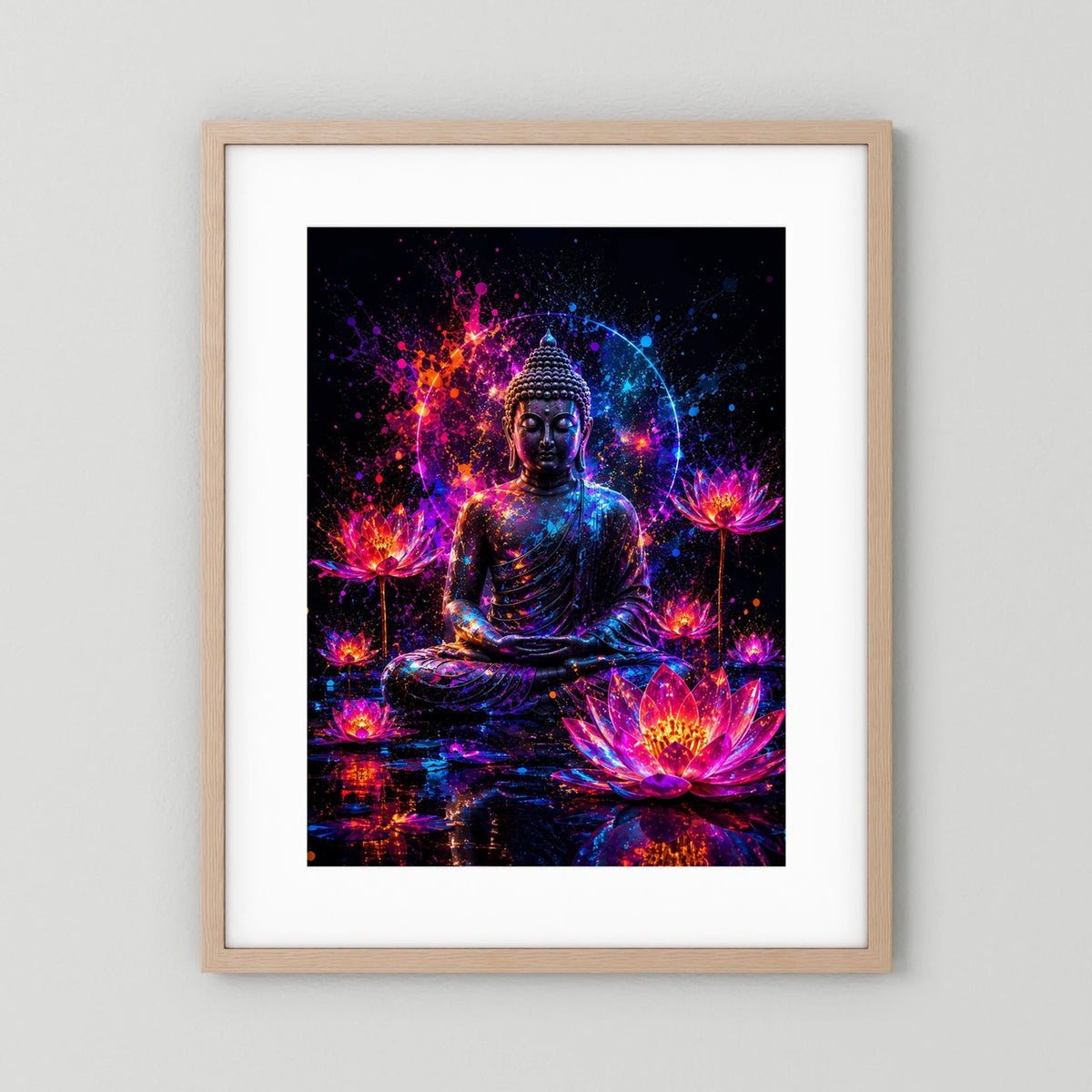 Neon-Buddha-Poster mit Lotusblüten, pink-blauer Neonoptik, heller Holzrahmen