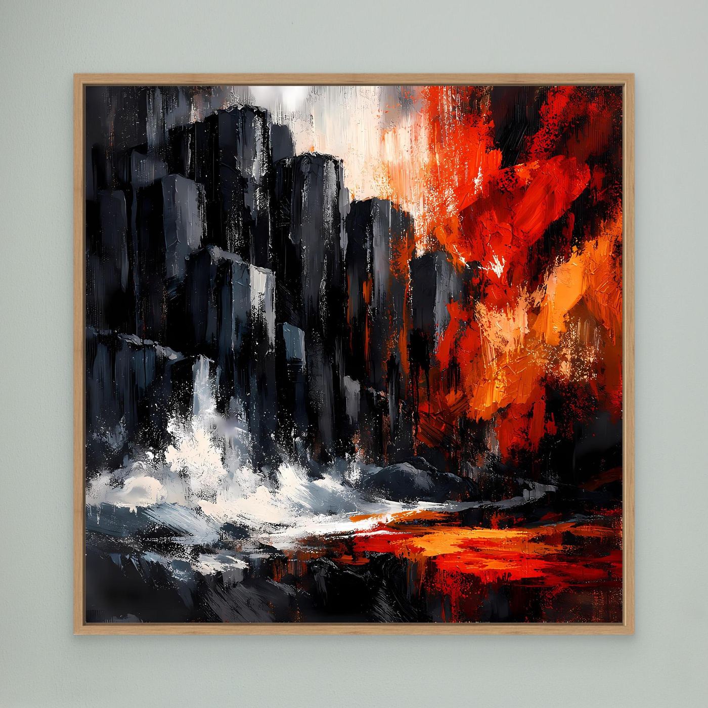 Abstraktes Leinwand-Wandbild mit Eichenrahmen: schwarze Felswand, Rot-Orange, weiße Spritzer