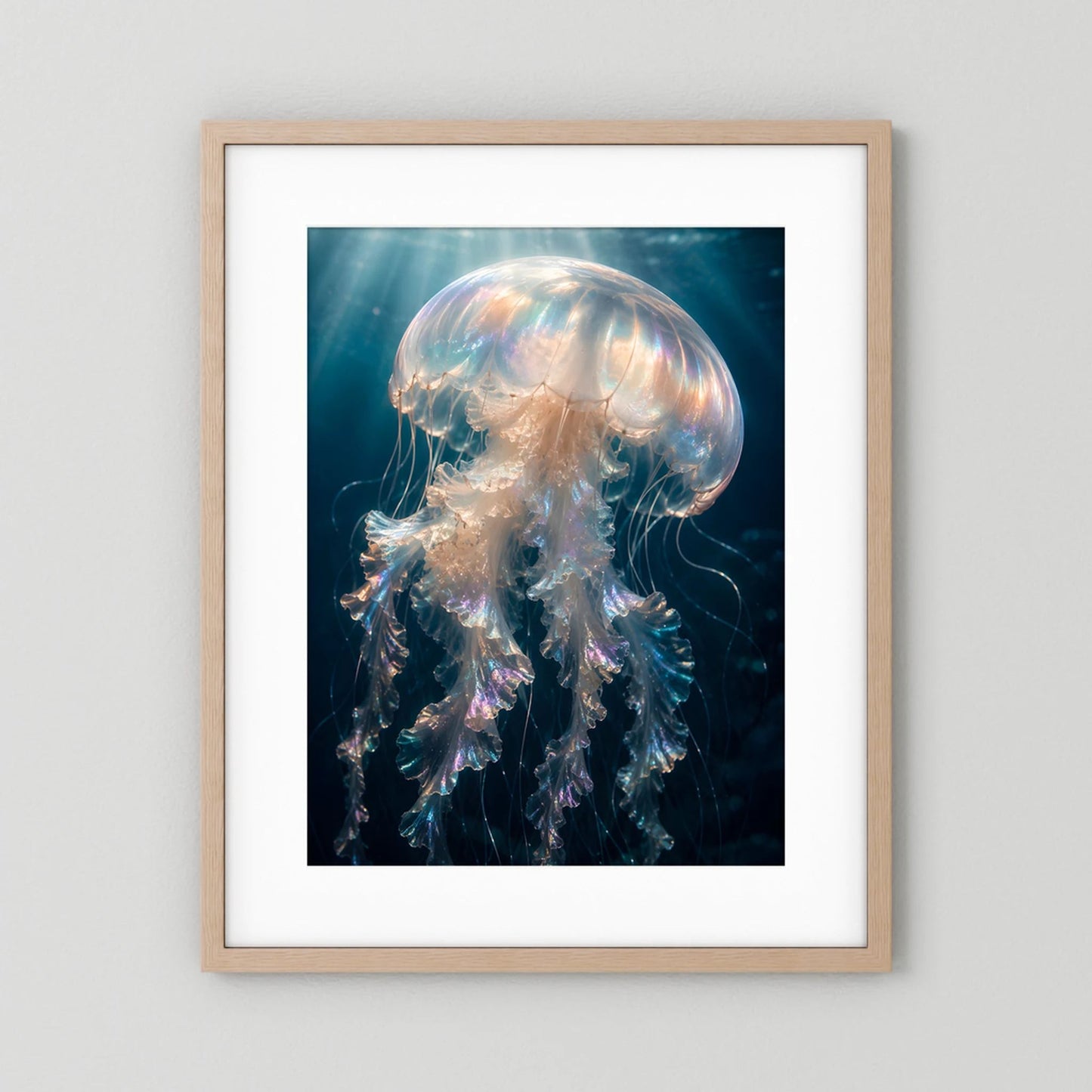 Kunstposter im Hochformat mit leuchtender Qualle, heller Holzrahmen