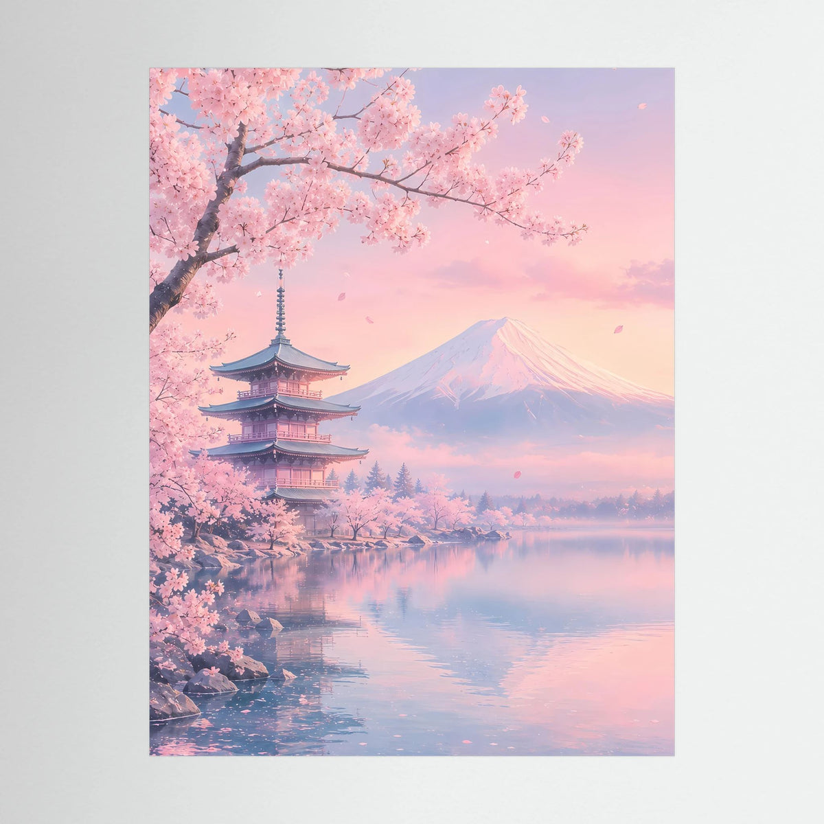 Hochformat-Poster Motiv mit Kirschblüten, Fuji, Pagode und Spiegelung in Pastellrosa