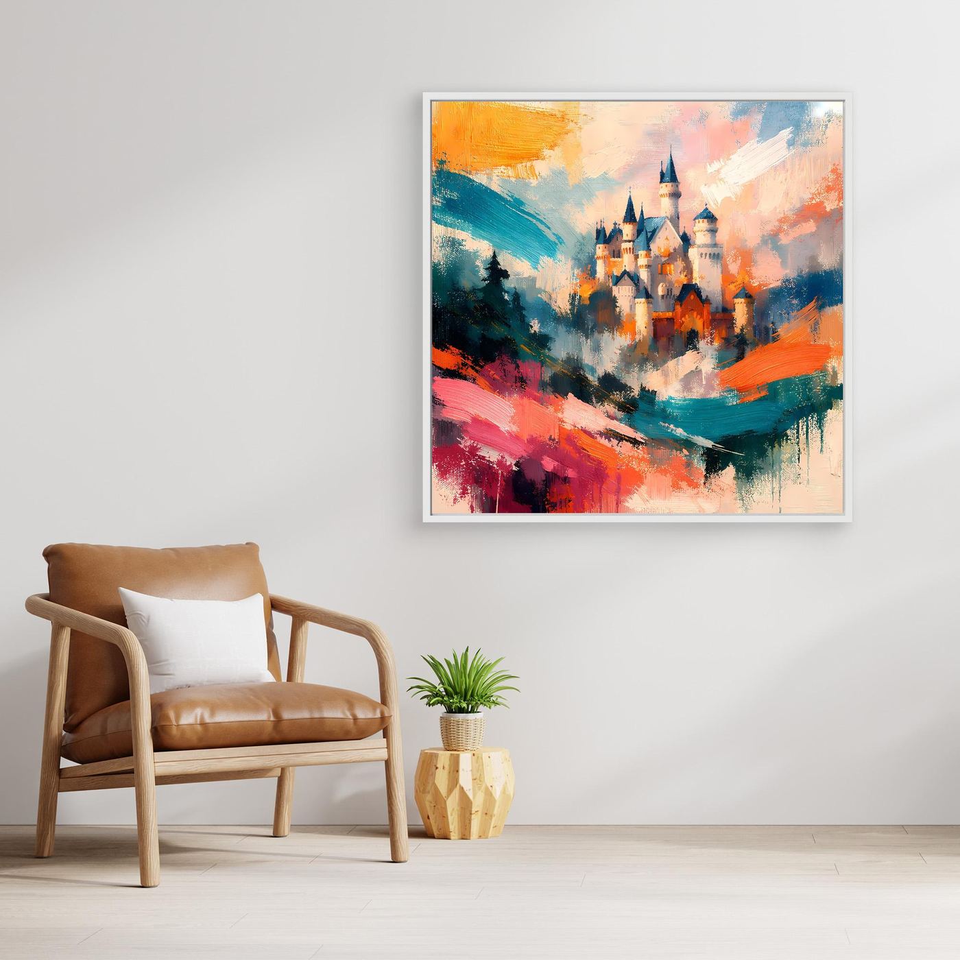 Premium Leinwand Märchenhaftes Schloss in abstrakten Farben | Modernes Castle Wandbild