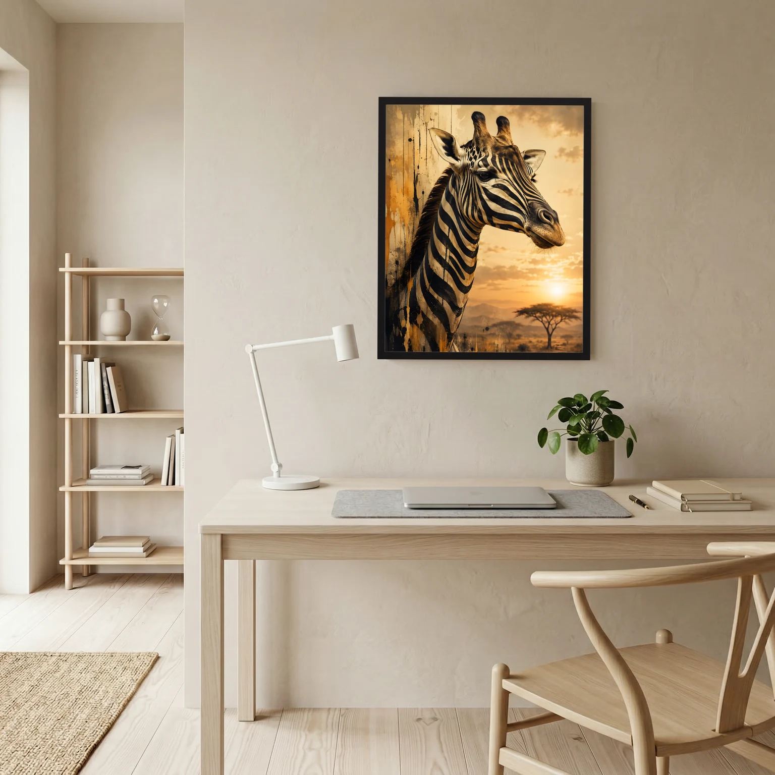 Giraffen-Tierposter im Zebra-Look, schwarze Rahmenkante, Giraffenmotiv nahe Ansicht