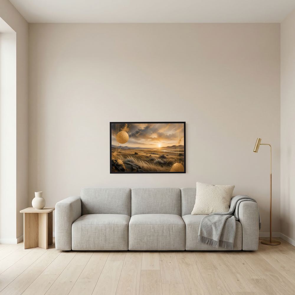 Wandposter im Querformat: goldene Steppenlandschaft mit Sonnenuntergang, schwarzer Rahmen