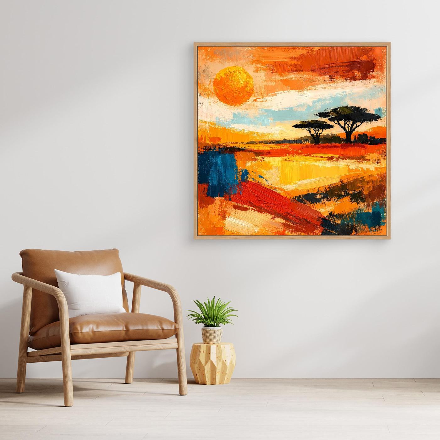Abstract sunset savanna canvas wall art with tree silhouettes, thin dark frame