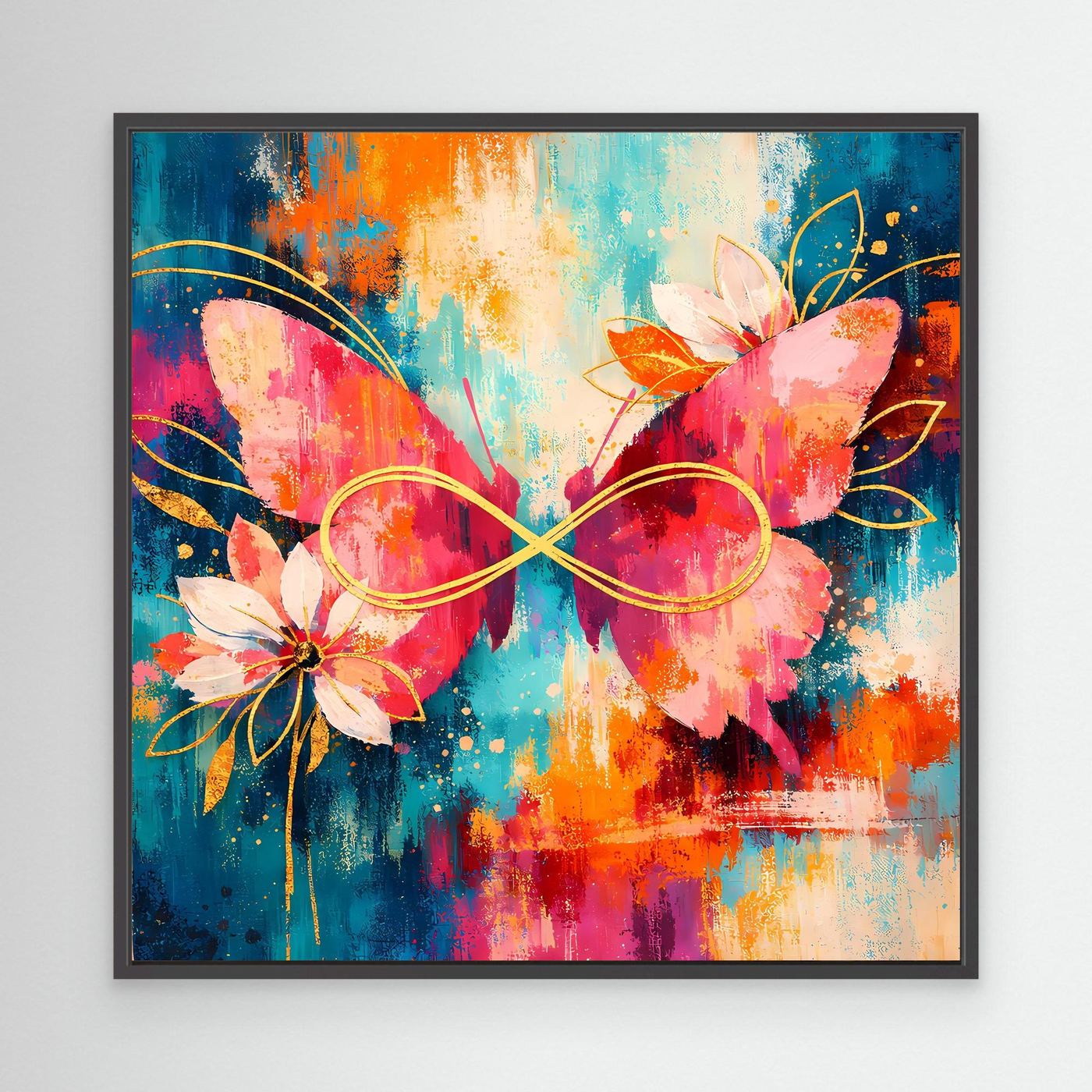 Wandbild mit schwarzem Rahmen: abstrakte Schmetterlinge und Blüten, Unendlichkeitslinie in Rosa