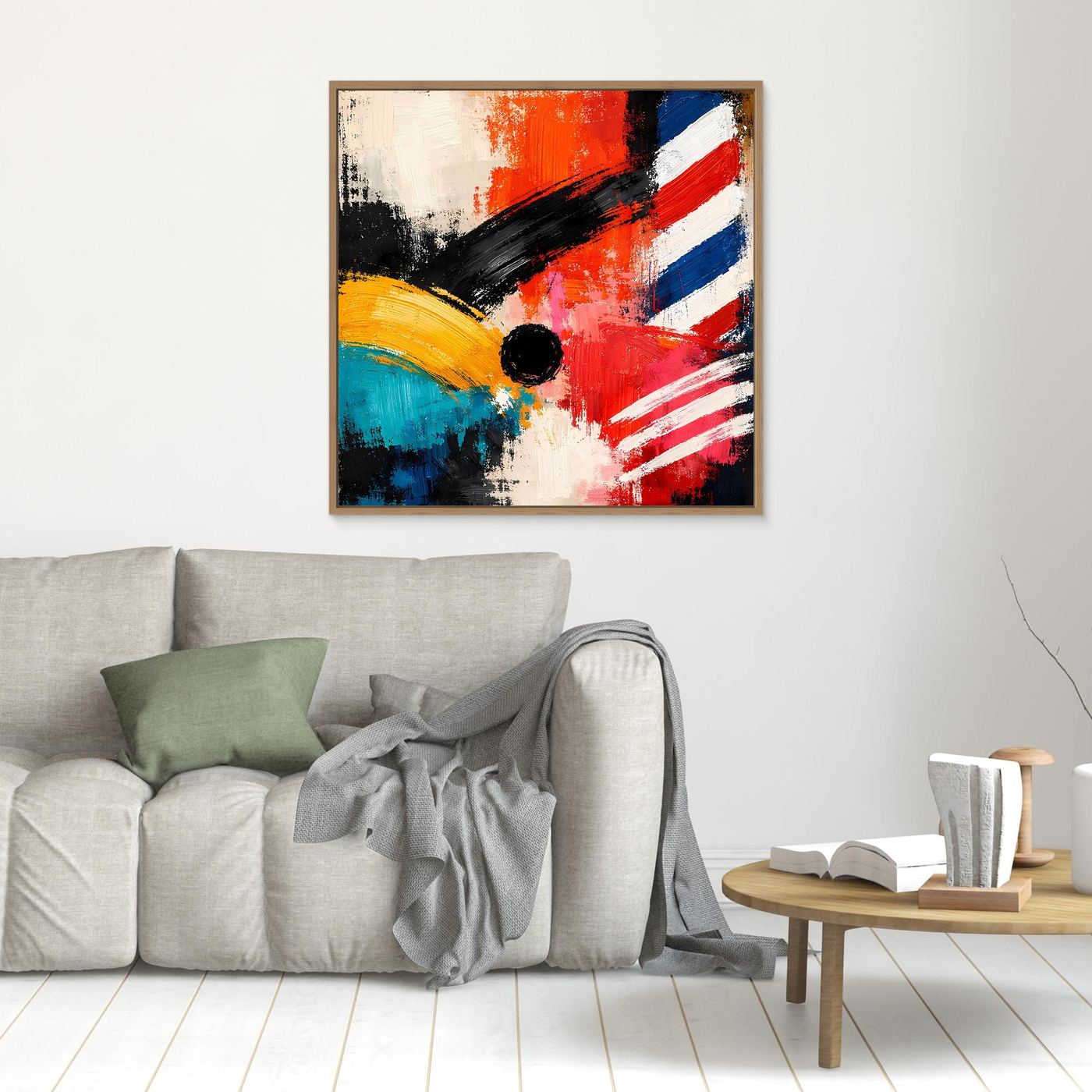Abstract geometric wall art canvas with red, blue, orange and black strokes, small oak frame
