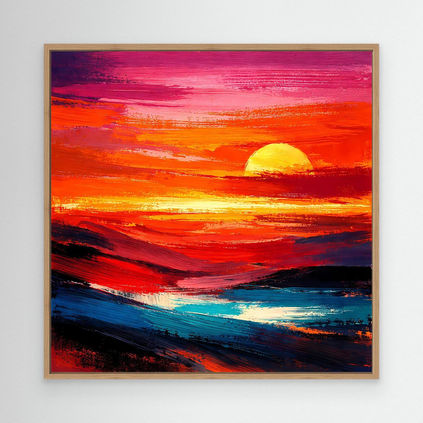 Leinwandbild abstraktes Meer mit Sonnenuntergang, knallige Farben, beiger Holzrahmen